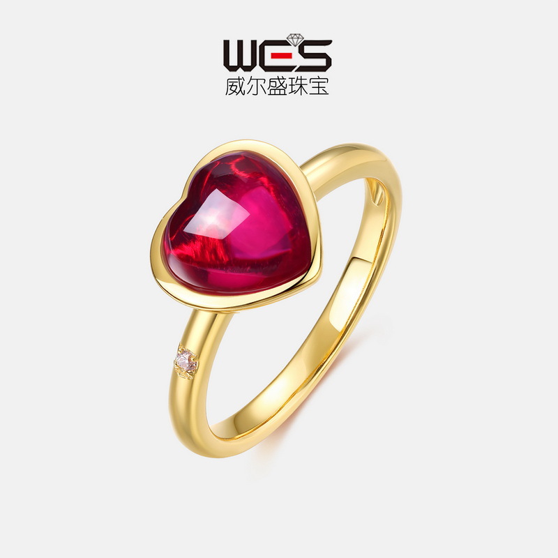 Anillo de tesoro de color de amor de caramelo transfronterizo femenino S925 plateado de 10K anillo de corindón rojo dorado simple y ligero
