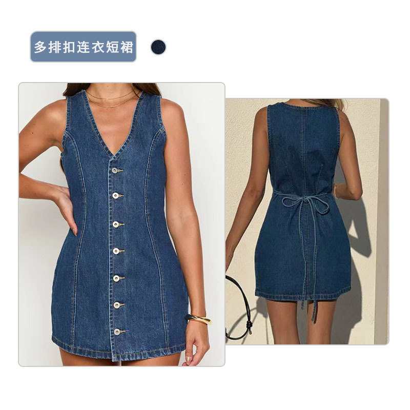 American Retro Hot Girl Design Sleeveless Denim Dress for Women Spring and Summer New Style Washed Denim Hip-Hugging Short Skirt