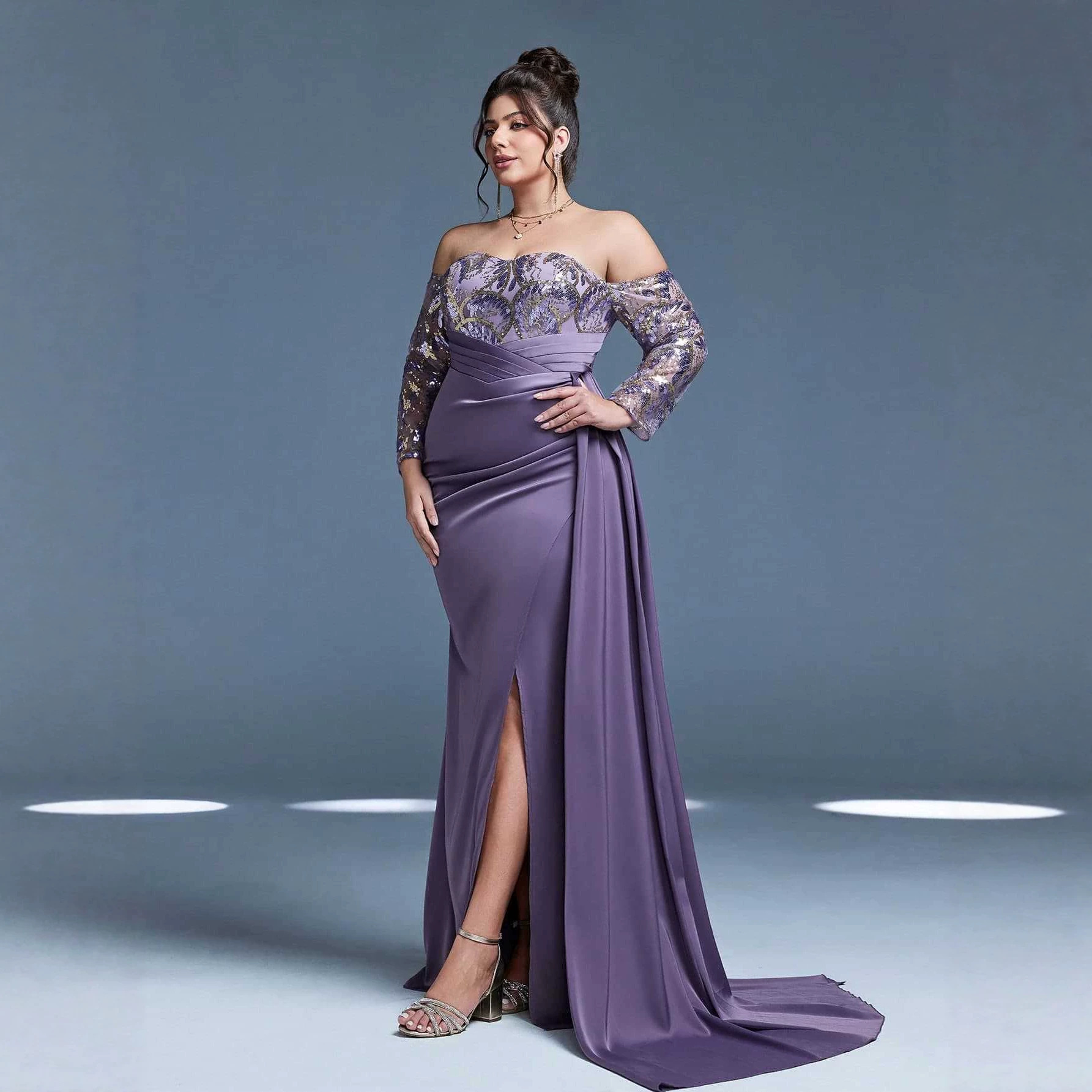 New Purple Slit Ball Gown For Women Sexy Long Evening Dress High-End Luxury Party Wear_ecoleips.com