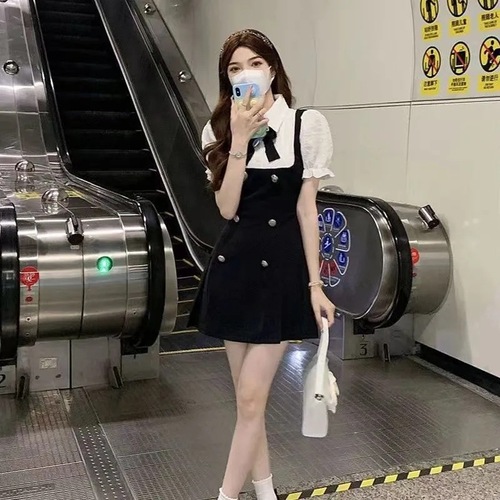 韩版学院风假两件连衣裙夏季设计感小众收腰显瘦矮个子初恋短裙子