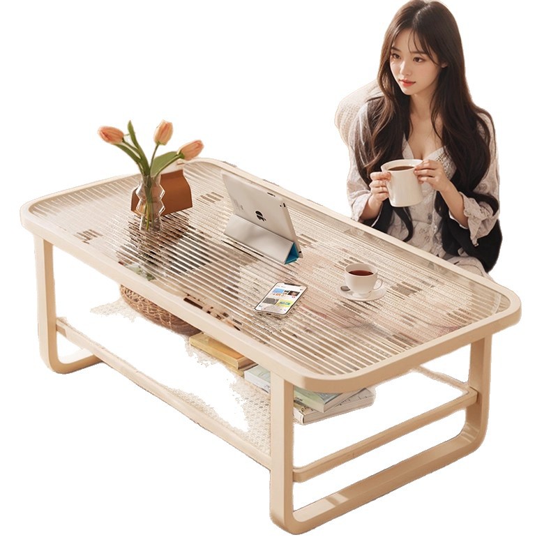 Mesa de té sala de estar doméstica 2025 nuevo lujo ligero de alta sensación de mesa de casa pequeña mesa de vidrio templado crema mesa de té