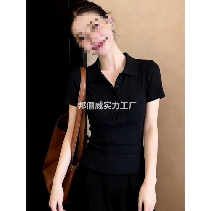 American-Style Black Polo Collar Short-Sleeve T-Shirt for Women, Summer 2026, Chic Slim-Fit, Flattering and Elegant Turn-Down Collar Top American-Style Black Polo Collar Short-Sleeve T-Shirt for Women, Summer 2026, Chic Slim-Fit, Flattering and Elegant Turn-Down Collar Top