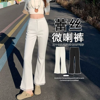 拼接蕾丝小黑裤九分微喇裤女2026春夏新款松紧腰修身显瘦休闲裤