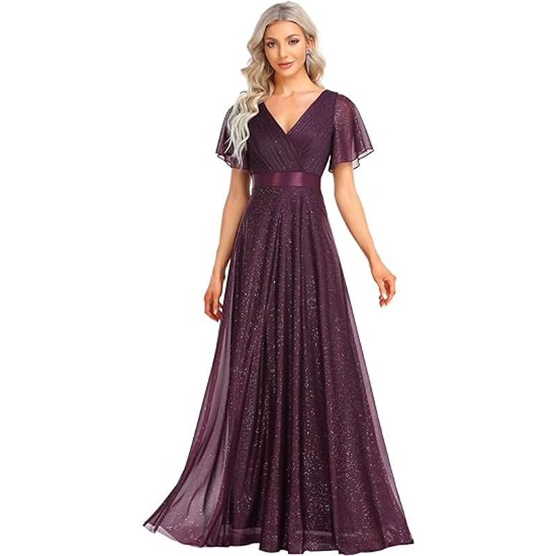 Amazon's New Evening Dress with Bell Sleeves, V Neck, Long Chiffon Dress, Mesh Evening Party Dress, Large Size
