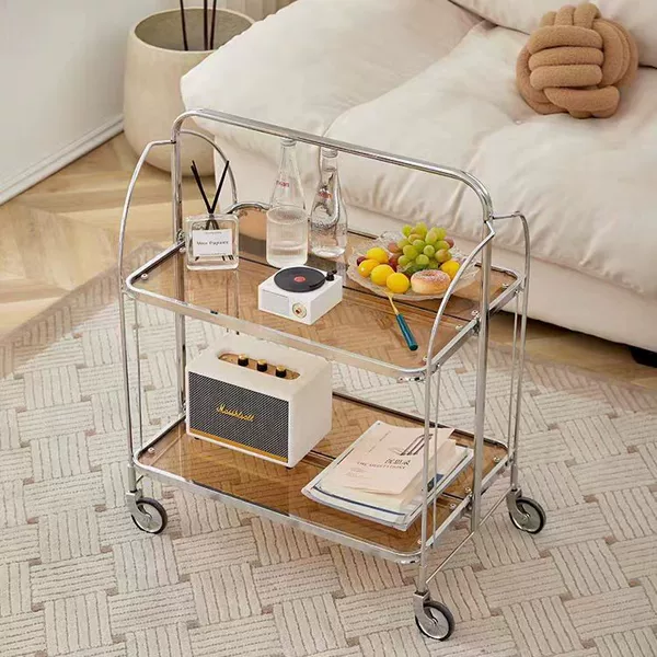 Vintage-Style Glass Trolley, Trendy Ins-Style Living Room Sofa Side Table, Small Coffee Table, Mobile Dining Cart, Foldable