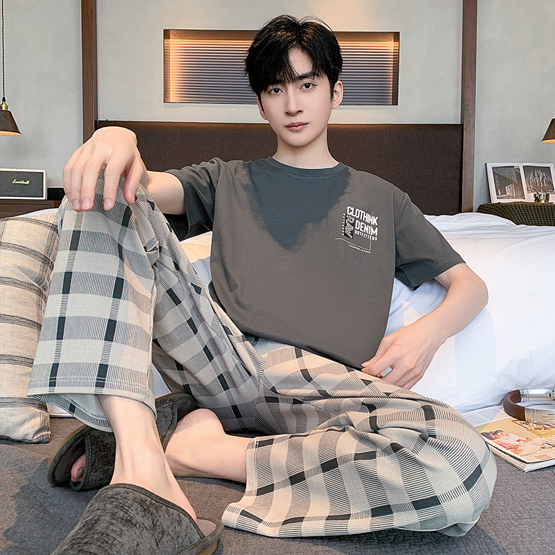 봄과 여름 새로운 남성 잠옷 반팔 바지 캐주얼 심플한 플러스 사이즈 코튼 여름 홈웨어 세트 하이 퀄리티