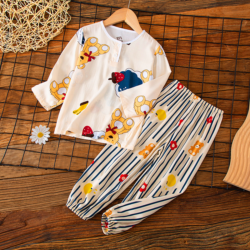 Summer Children's Cotton Silk Long-sleeved Girl's Big Boy's Middle and Big Boy's Cotton Silk Family Clothes Air Conditioning Home Clothes suit Thin Style