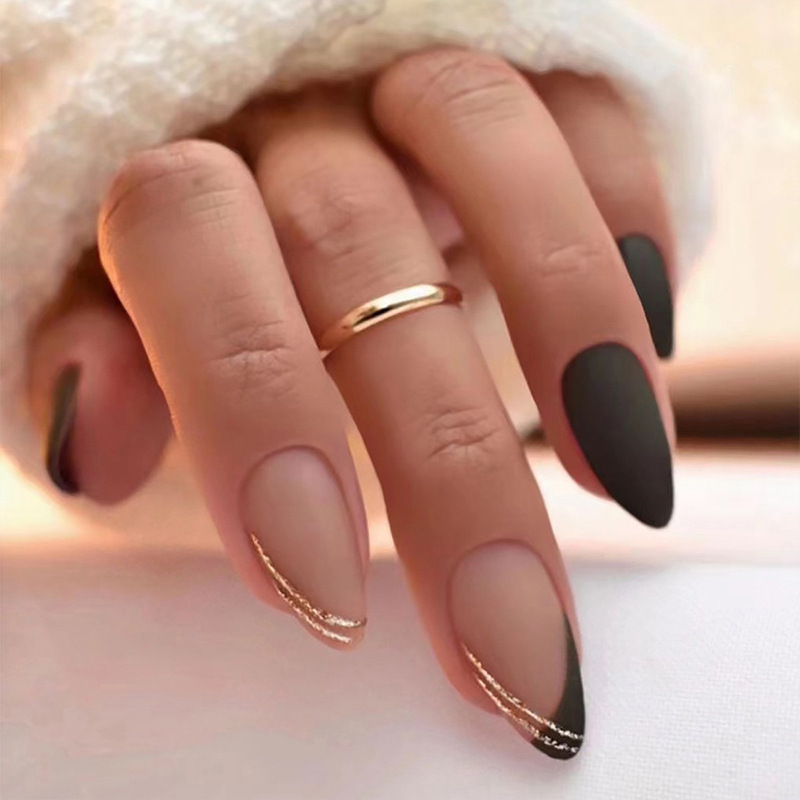 Autumn and winter New wear nail black frosted fake nail glitter French nail beauty piece almond nail patch wholesale