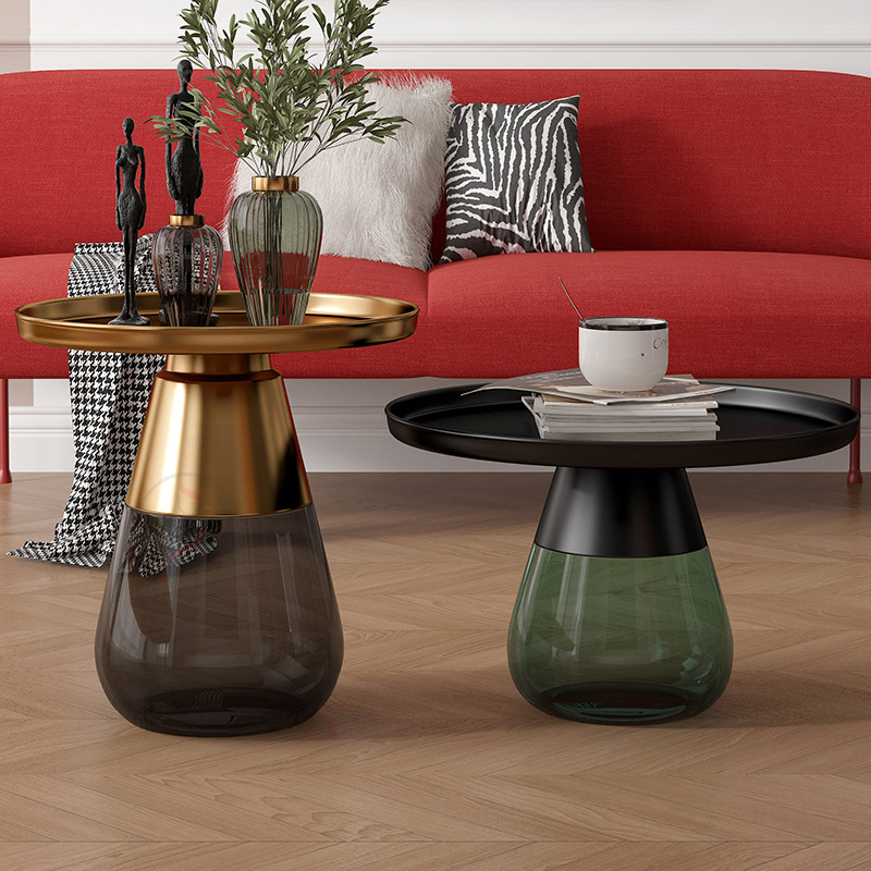家具现代简约圆形彩色玻璃茶几大小户型家用客厅北欧组合金属茶台