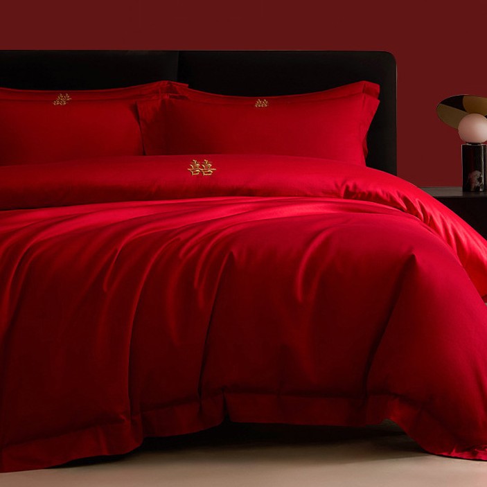 中式婚庆纯棉全棉床上四件套大红色喜字婚房床单被套结婚陪嫁床品