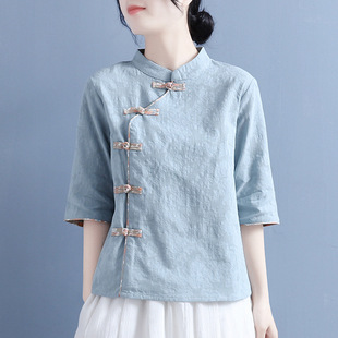 Cotton and Linen Tang Suit Tops, Chinese Style Buttoned Improved Cheongsam, Chinese Style Han Dynasty Summer Retro Women's Clothing, Republic of China Style Tea Suits