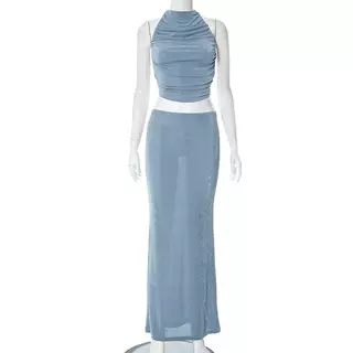 Women's Fashion Solid Color Casual Sleeveless Vest Slim Fit Long Dress Suit - Gray Blue - View 1