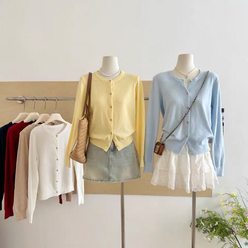 Versatile Andy Velvet Single Row Small Gold Button Round Neck Knitted Cardigan Women's Jacket Autumn New Style Solid Color Top