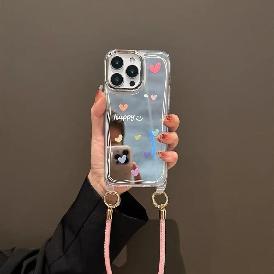 Espejo color creativo amor adecuado para Apple 16ProMax funda para teléfono móvil 15/14 mensajero 15Pro cuerda 13 mujer