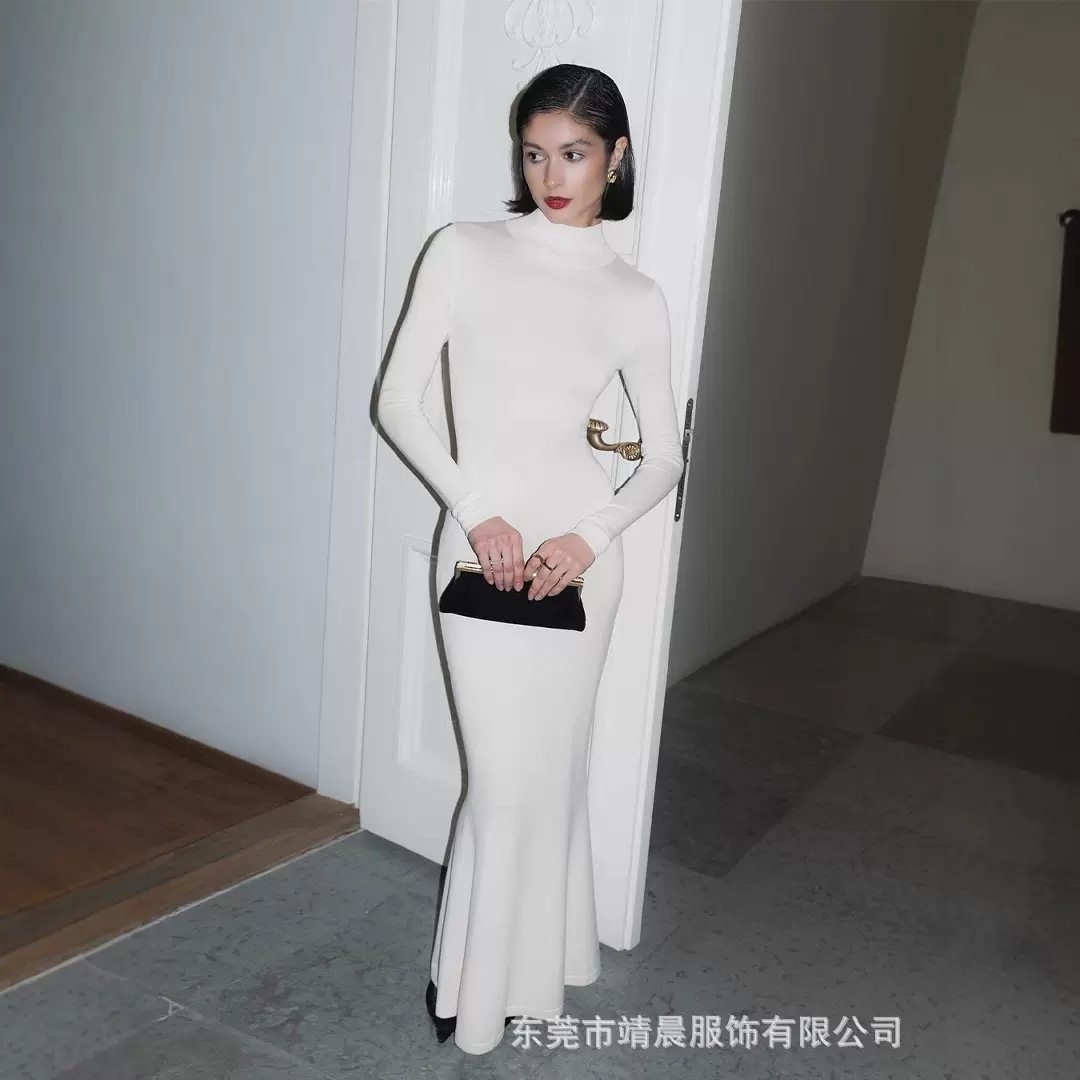 高领连衣裙针织紧身纯色打底裙欧美跨境2025秋冬毛衣鱼尾裙气质