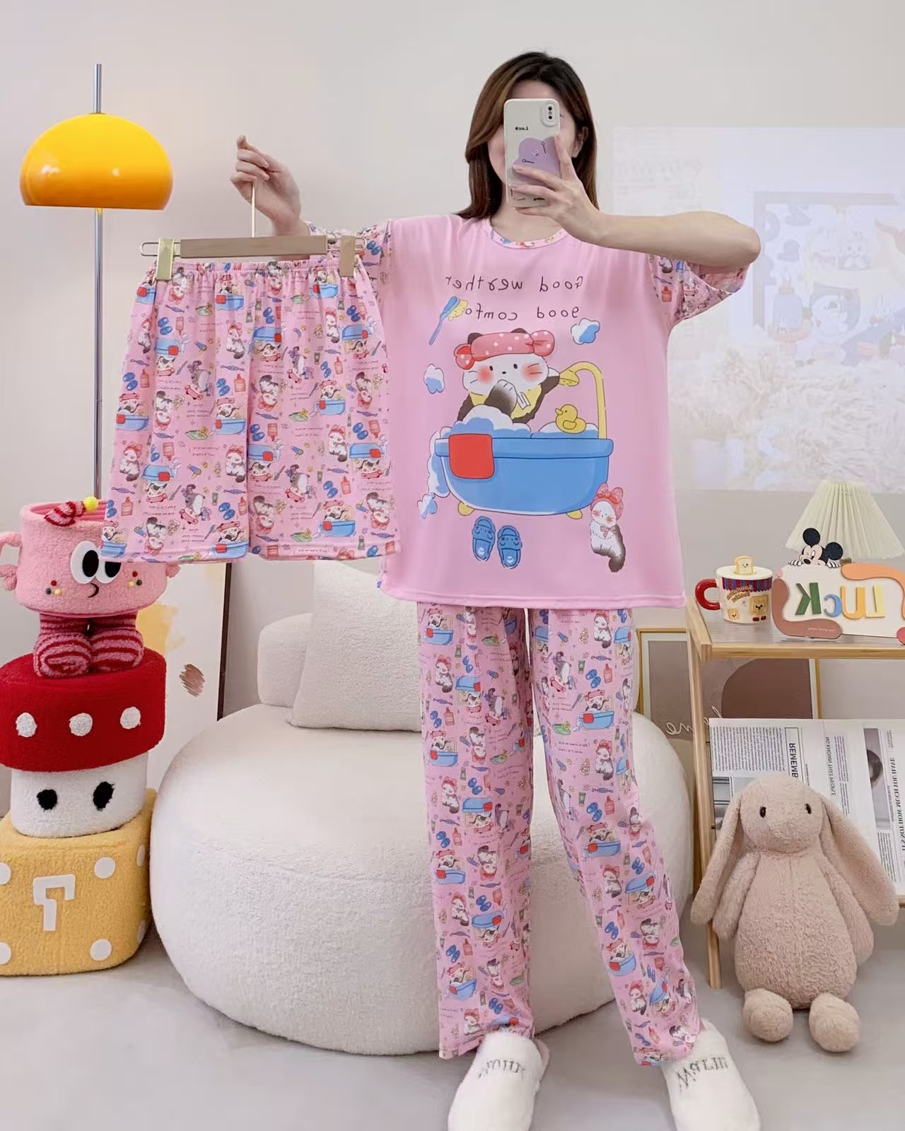 Pijamas de verano transfronterizos pijamas de leche de seda de tres piezas set de dibujos animados comercio exterior ropa para el hogar pantalones de mangas cortas lindos