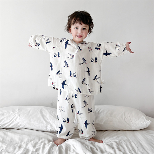 Parent-child home wear bamboo cotton gauze long-sleeved trousers suit four seasons spring and summer air-conditioned room pajamas and pajamas