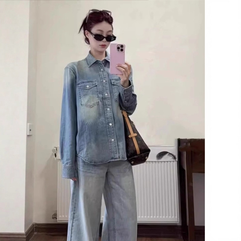 Hong Kong Style Retro Washed Denim Shirt Women's Long-Sleeved Spring & Fall Loose, Light, Soft, Fashionable Classic Shirt Jacket Hong Kong Style Retro Washed Denim Shirt Women's Long-Sleeved Spring & Fall Loose, Light, Soft, Fashionable Classic Shirt Jacket