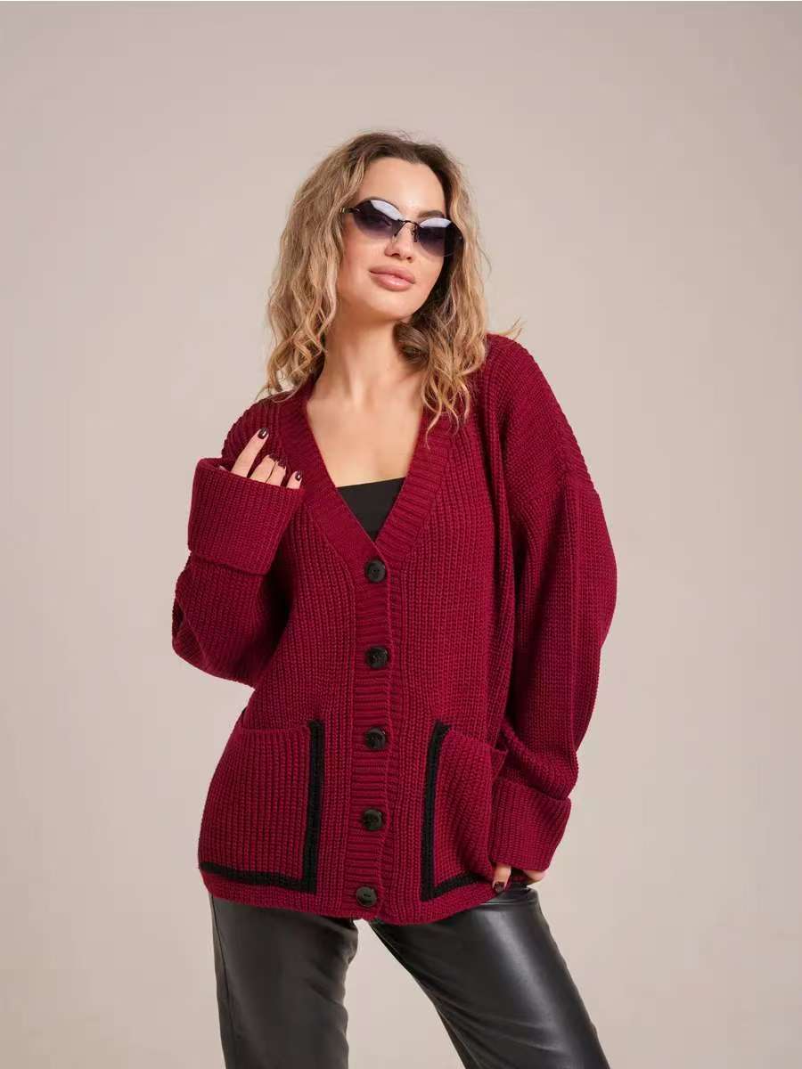 Bolsillo de comercio exterior transfronterizo color de punto Cardigan de mujer otoño invierno nuevo suéter de aguja gruesa de cuello en V image 9