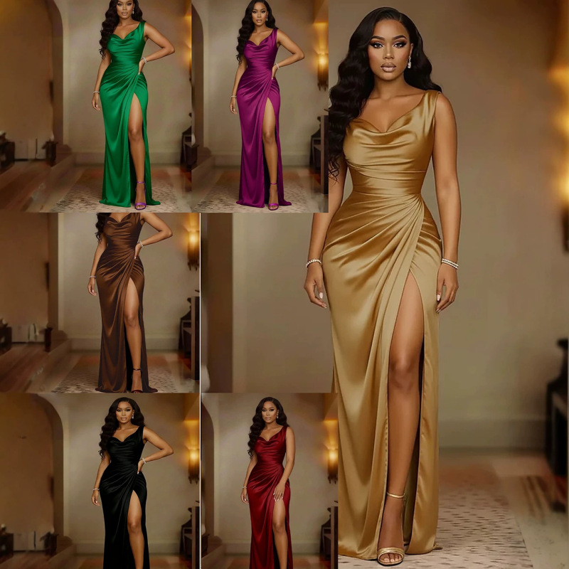 In-Stock Summer New Style European and American Cross-Border Foreign Trade Sleeveless Dress with Slit Hem, Solid Color Slim-Fit Party Dress for Women In-Stock Summer New Style European and American Cross-Border Foreign Trade Sleeveless Dress with Slit Hem, Solid Color Slim-Fit Party Dress for Women