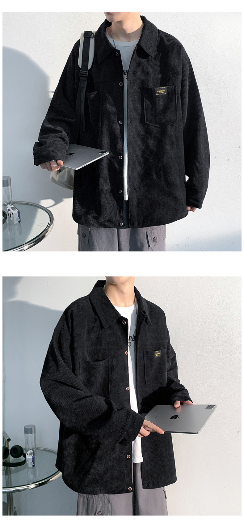 1 Cord-Langarmhemd für Herren, Frühjahr/Herbst 2025, Hongkong-Stil, locker geschnitten, mit Umlegekragen, strapazierfähig_voghion.com