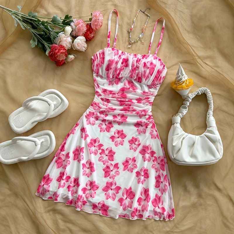 Women's Holiday Pink Floral Print V-Neck Backless Tie-Waist Ruffle A-Line Mini Dress Women's Holiday Pink Floral Print V-Neck Backless Tie-Waist Ruffle A-Line Mini Dress