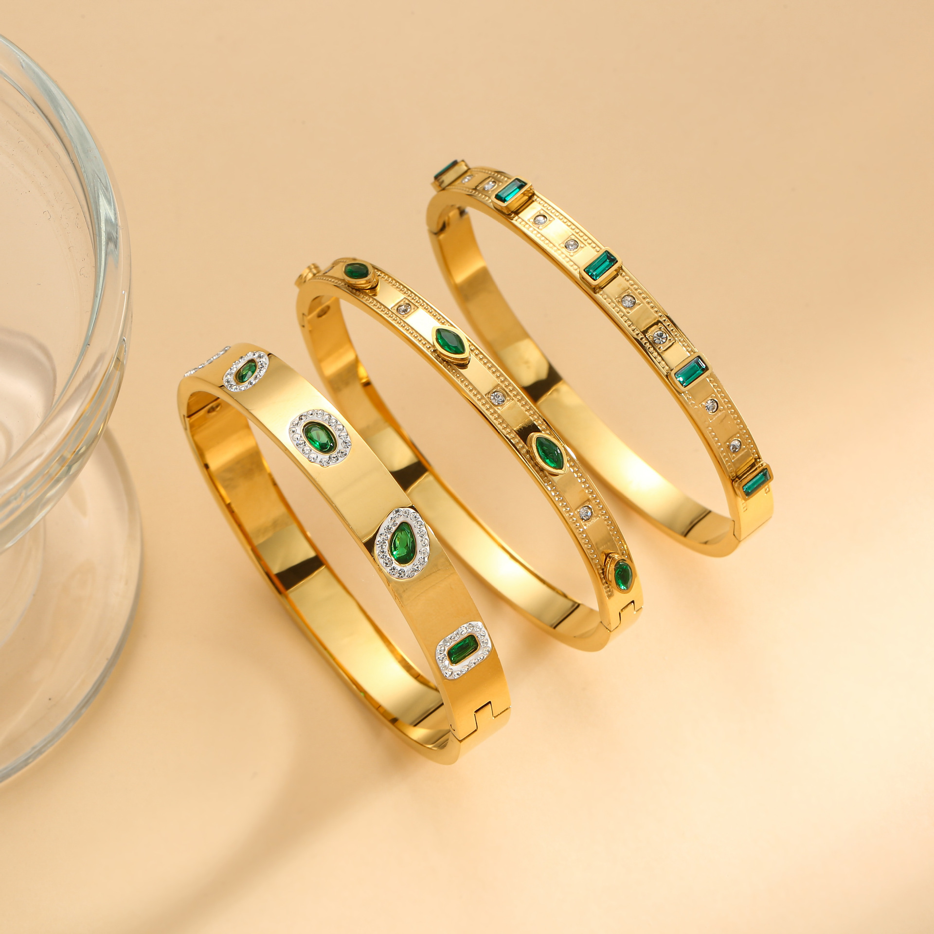 Gem, Zircon Inlay Material IG Style Shiny Geometric Titanium Steel Gem Zircon Bangle In Bulk