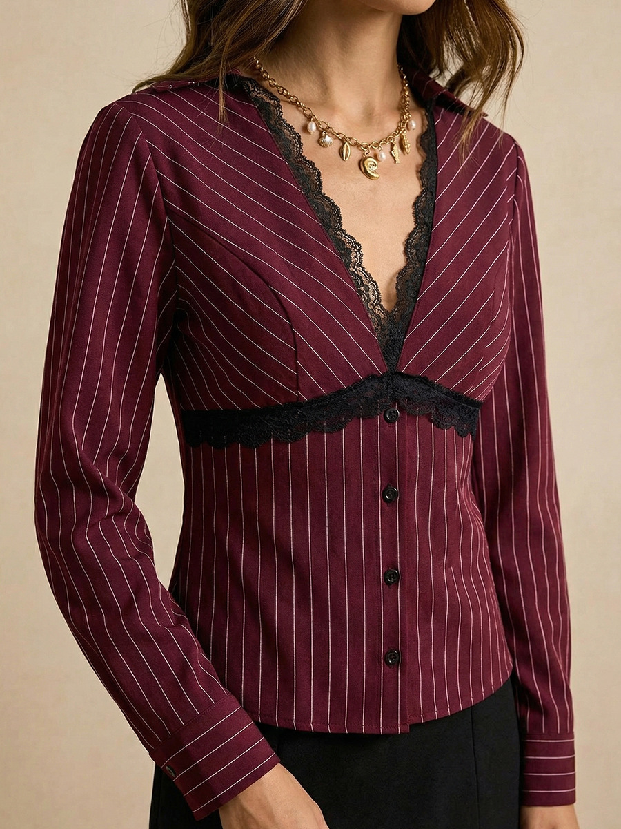 Women's Slim Fit Striped Long Sleeve Shirt Sexy Lace Top Casual Elegant Fashion Blouse For Autumn/Winter American Style_ecoleips.com