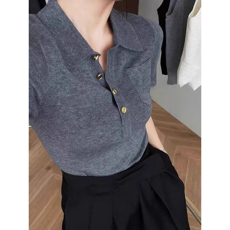 French Collar Gray Short-Sleeved Sweater for Women Summer Short High-End Temperament Ice Silk Right Shoulder Shirt Top French Collar Gray Short-Sleeved Sweater for Women Summer Short High-End Temperament Ice Silk Right Shoulder Shirt Top
