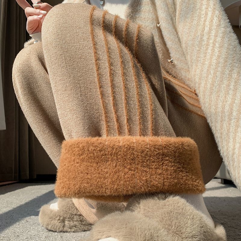 日系加绒毛边设计针织阔腿裤女秋冬季2024新款高腰垂感直筒拖地裤