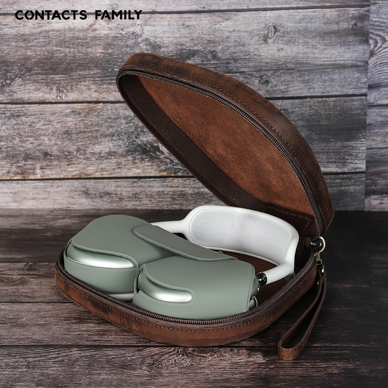 Suitable for airpodsmax Headset Protective Cover Cowhide Apple Headset Wrist Zipper Headset Bag
