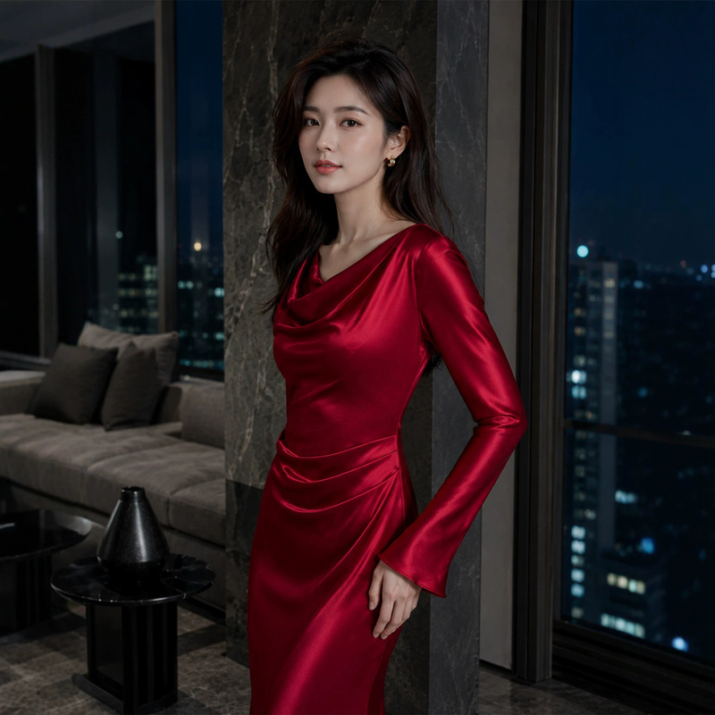 Elegant satin long-sleeved dress with a draped neckline, designed for autumn, featuring a slim fit that enhances your figure, creating a sophisticated and graceful look, perfect for evening events and formal occasions Elegant satin long-sleeved dress with a draped neckline, designed for autumn, featuring a slim fit that enhances your figure, creating a sophisticated and graceful look, perfect for evening events and formal occasions