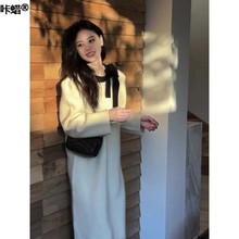 冬季新款小个子赫本风千金感穿搭气质白色内搭连衣裙子配大衣女装