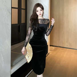 新款法式气质性感一字领拼接蕾丝显瘦包臀礼服连衣裙可生产定 制