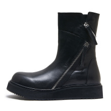 厚底马丁靴男真皮中筒拉链靴轻便中跟时装机车靴秋冬加绒保暖毛靴