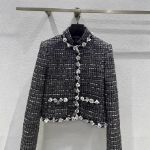 南油女装2025秋冬Cha新品真丝里布黑白亮片花瓣软花呢钉珠外套女