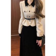 秋冬季名媛千金穿搭撞色短款外套+丝绒半身长裙小香风套装裙