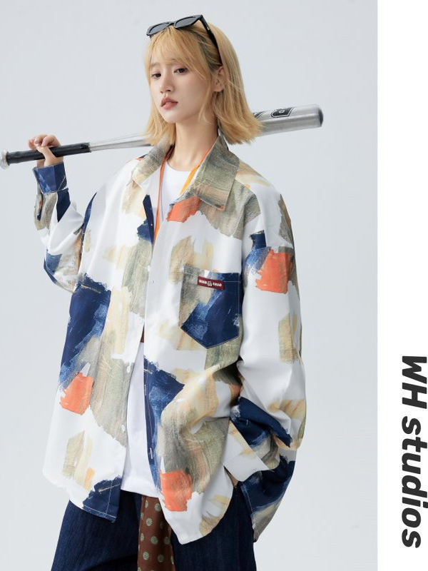 Green Tie-Dye Ink Graffiti Long-Sleeved Shirt for Women, Unisex Style Ootd, Sweet Shirt, Couple Jacket