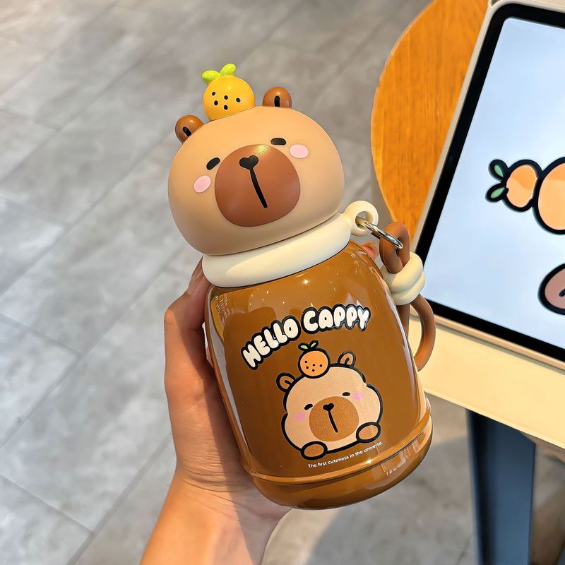 かわいい Kapibara 子供用ポットとカップセット学生魔法瓶カップ調節可能なカップロープポータブルシリコンノズル飲料カップ|undefined