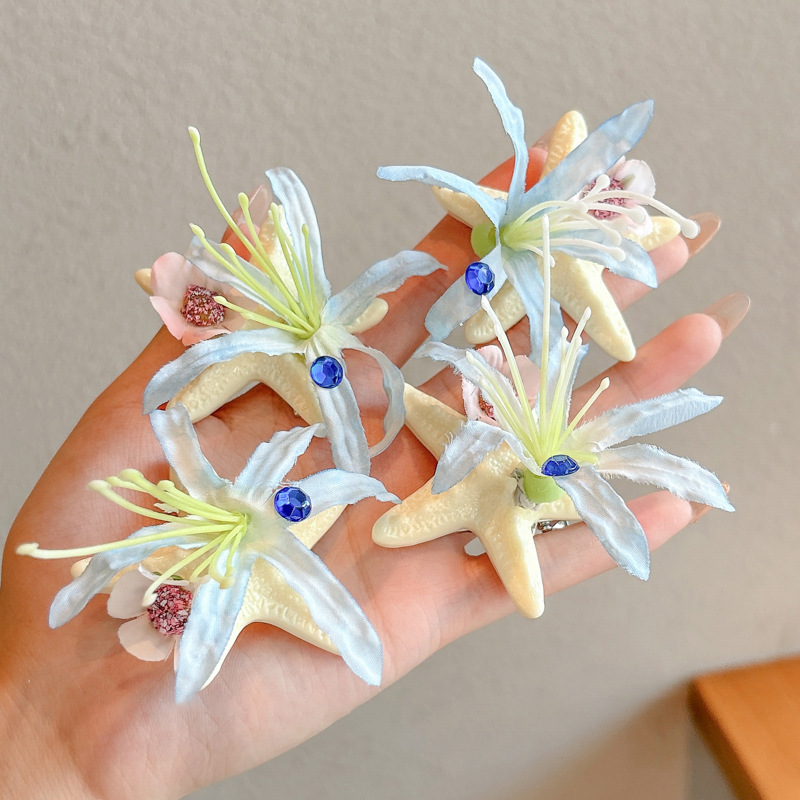 Ocean Series Sea Star Flower Horquilla Sweet Girl Hot Girl Super Fairy Clip lateral Tour de playa Ambiente de vacaciones Tocar tarjeta de fotos