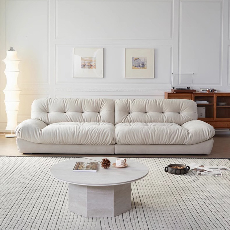 Sofá de nube línea recta crema estilo retrógrado anti-cat tela esmerizada pluma sofá de tres personas