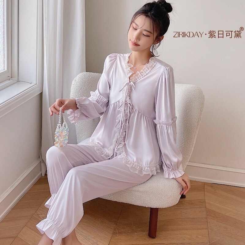 Spring New Women's Ice Silk Pajamas Long-Sleeved Ice Silk Korean Style Lace Solid Color Home Wear Set