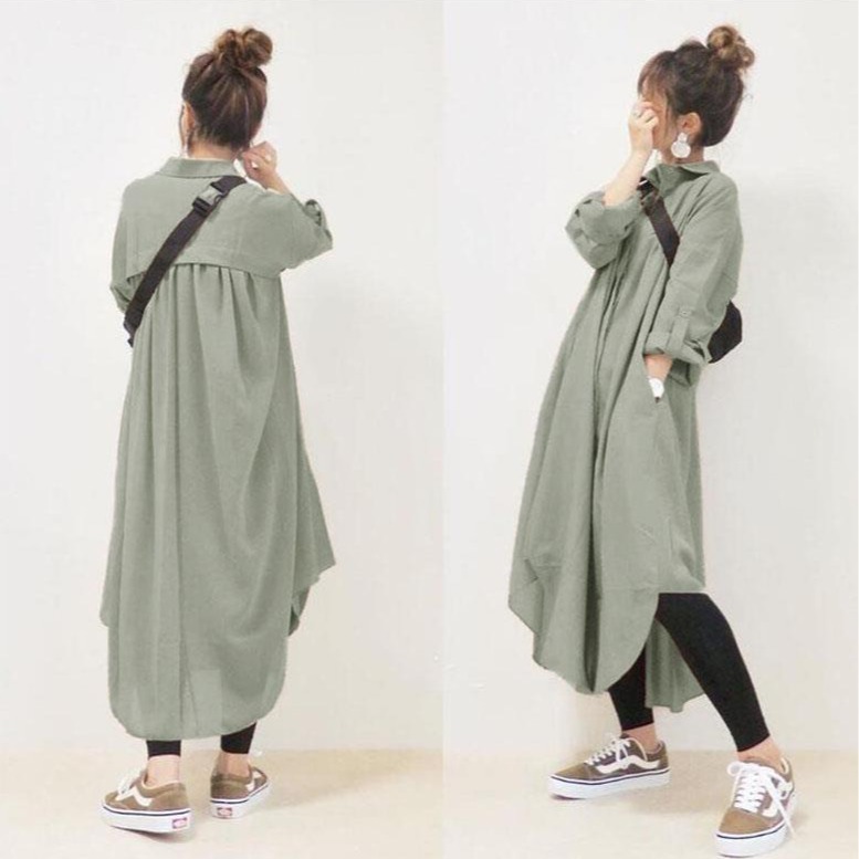 4 Colors in Stock Japanese Style 2026 New Lapel Long-Sleeve Pocketed Simple Loose Long Cotton-Linen Shirt Dress