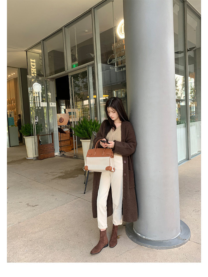 Bốt Chelsea nữ da thật mũi vuông gót 3-5 cm cổ thấp phong cách Hàn Quốc — Kaki, Kaki (cộng với nhung), Màu nâu (cộng với nhung), Màu trà sữa chi tiết 44