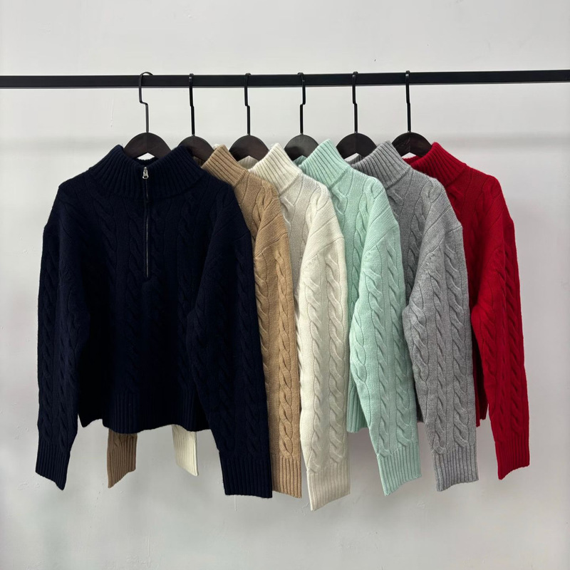 25 Spring and Autumn Short Half-Zip Cable Knit Women's High-Waist Top Rl Little Horse Embroidery Wool Cashmere Knitwear Long Sleeve 25 Spring and Autumn Short Half-Zip Cable Knit Women's High-Waist Top Rl Little Horse Embroidery Wool Cashmere Knitwear Long Sleeve