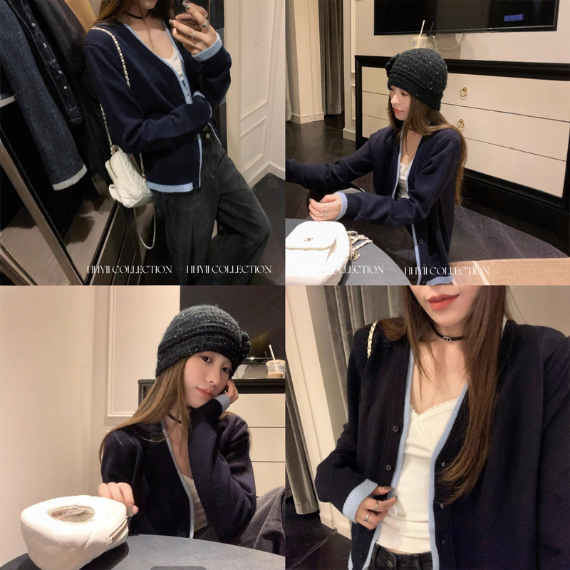 【Special Offer】Hhyii Miu Series College Style Color-Block Embroidered Knit Cardigan Korean Design Fake Two-Piece Top