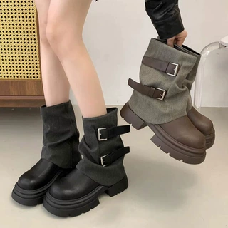 复古厚底粗跟马丁靴女2026新款秋季西部牛仔靴显瘦增高裤管短靴女