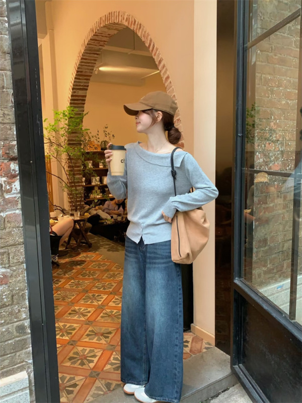 韩系灰色斜肩长袖针织衫女早秋小个子短款收腰显瘦别致高级感上衣|undefined