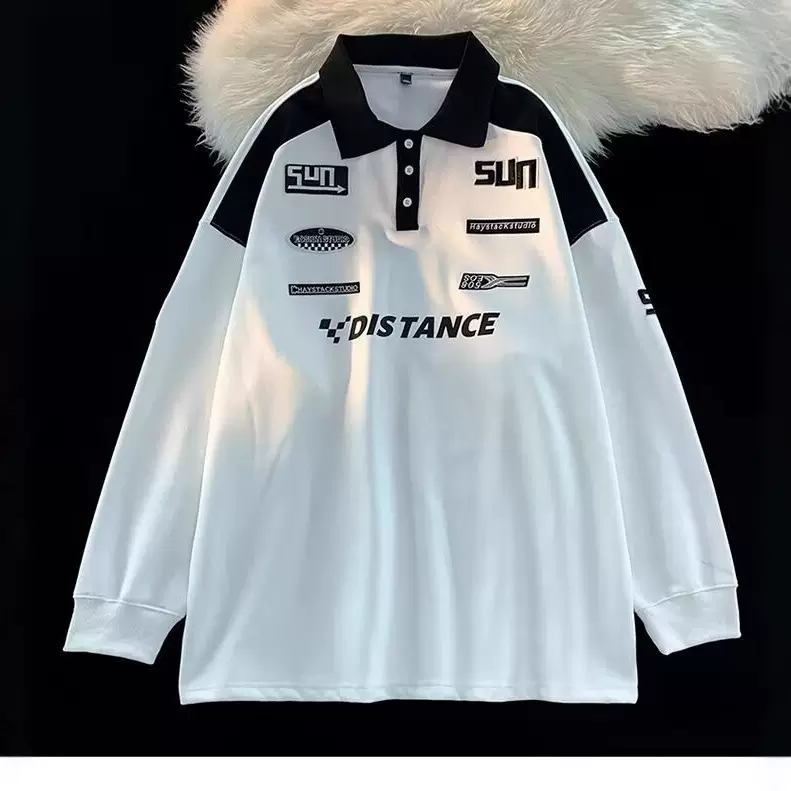 美式复古卫衣男2023春秋新款潮牌polo衫长袖日系翻领赛车服潮上衣