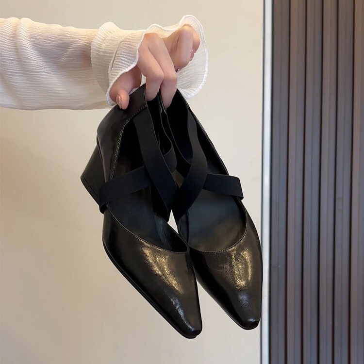 头层羊皮6CM工作鞋气质女人尖头坡跟凉鞋女高跟2025夏新款通勤